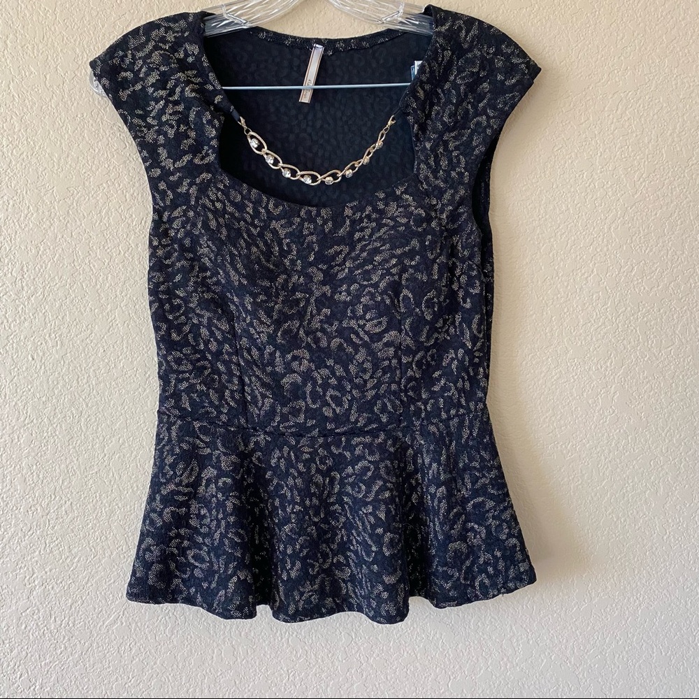 Flamingo Women's Black and Gold Sleeveless Peplum Top-Size M